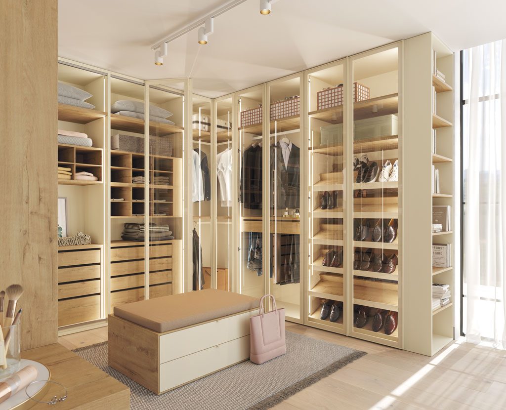 Walk-in closet with folding doors with Transparent glass Walk-in closet with folding doors with Transparent glass