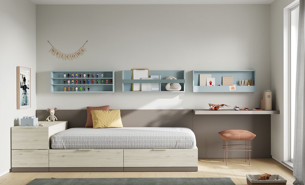 Youth bedroom with floating desk and THIN shelving units Youth bedroom with floating desk and THIN shelving units