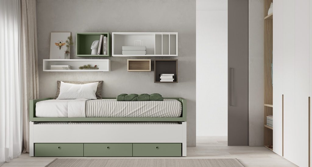 Bunk bed with drawers, extra-large corner wardrobe and desk