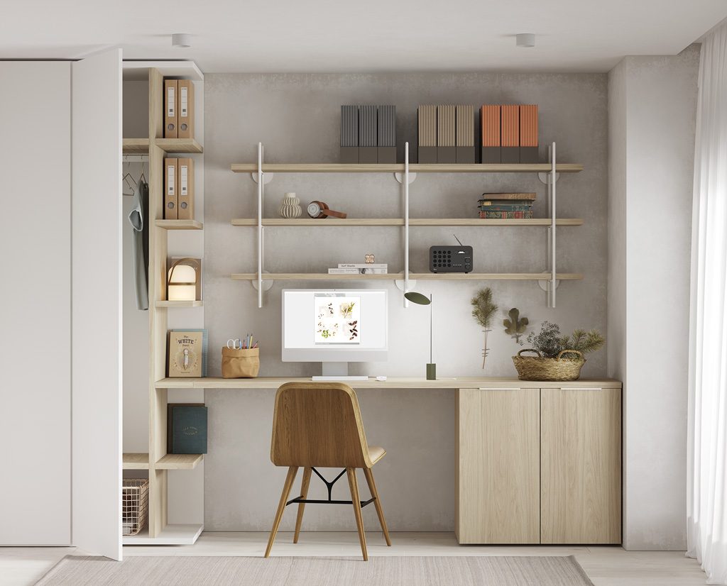 Detail of the desk and the Dot-Line shelving unit